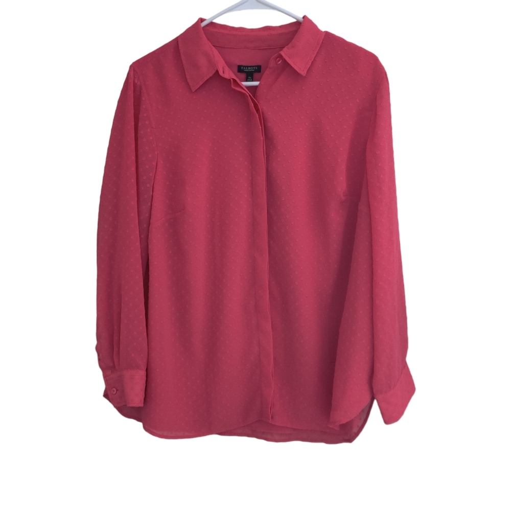 Talbots Women's pink swiss dot button down blouse size XP